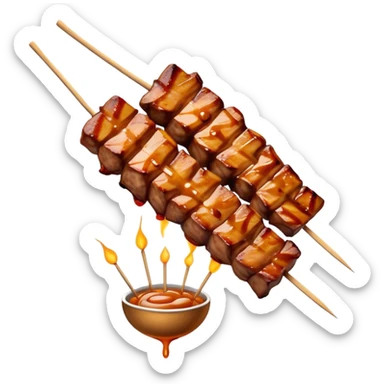 Cinematic Realistic Satay Dish Emoji, depicted as skewered, marinated meat grilled to perfection rendered with rich, smoky textures and dynamic, appetizing lighting. sticker