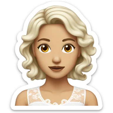 Adult woman with brown eyes, light tanned skin, long wavy dark brown hair, wearing a white lace dress with round collar. sticker