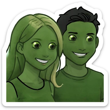 Smiling couple of blonde girl with long hair green eyes and boy with short black hair and green eyes sticker