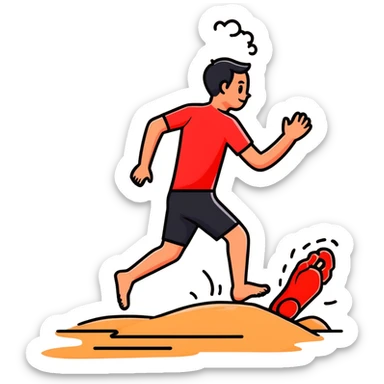 person hopping on hot beach sand with red pain marks on foot and steam rising from the sand sticker