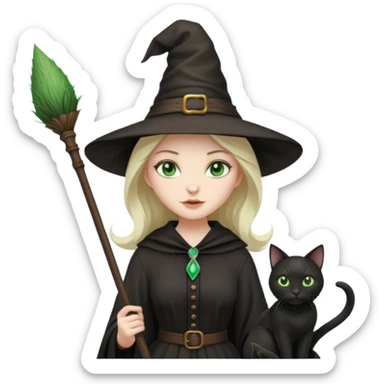a witch with a hat and a broomstick and a black cat sticker