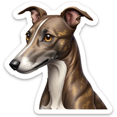 Cinematic Noble Brindle Greyhound Portrait Emoji, Poised and regal, with a slender, aerodynamic build and a refined brindle Fur, deep-set soulful eyes, Simplified yet sharp and sophisticated features, highly detailed, glowing with a soft, dignified glow, high shine, intelligent and agile, stylized with an air of elegance, focused and attentive, soft glowing outline, capturing the essence of a watchful and graceful racer, so majestic it feels as though it could dash out of the screen with effortless authority! sticker