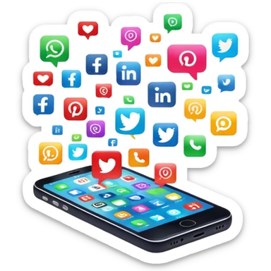 smartphone with social media icons popping out of the screen sticker