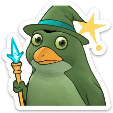 A penguin wizard with a pointy hat and a magic wand sticker
