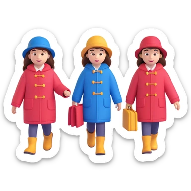 A group of school children walking to a movie theater in winter, inspired by Paddington Bear sticker