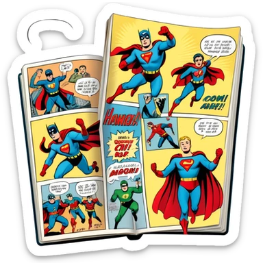 Icon for Vintage American Comics: an open comic magazine with classic 1940s-1950s American comic art, featuring superheroes in bold, bright colors, with action panels and exaggerated speech bubbles. The icon should represent the nostalgic style of vintage comics. Transparent background. sticker