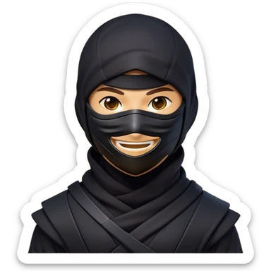 Clash of Clans aesthetic Playful Ninja Portrait Emoji, Head tilted with a sly, cheeky grin and twinkling eyes visible under a stylish mask, featuring a compact, nimble build in streamlined dark attire, his natural skin tone adding realism, Simplified yet irresistibly charming features, highly detailed, glowing with a warm, mysterious glow, high shine, spirited and lively, stylized with a touch of whimsical stealth, soft glowing outline, capturing the essence of a playful ninja exuding friendly covert energy! sticker