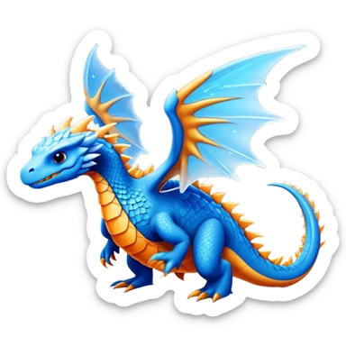 Create a majestic aquatic ice drake with a protective shell, combining the first creature's friendly demeanor and defensive capabilities with the second creature's draconic elegance and elemental power, resulting in a creature that glides through frozen waters with glowing blue spines and gentle orange-gold wings. sticker
