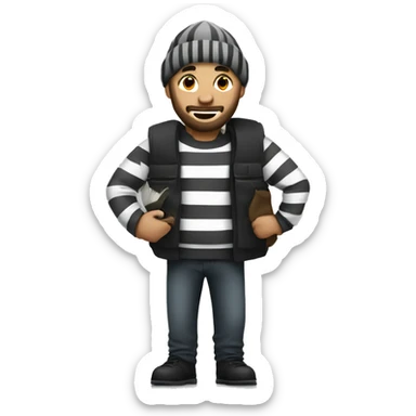 Robber with  a grey beanie, a beard and wore a black and white striped shirt carrying a money bag over shold sticker