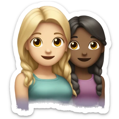 two girlfriends: one with light hair, the other with dark hair hugging sticker