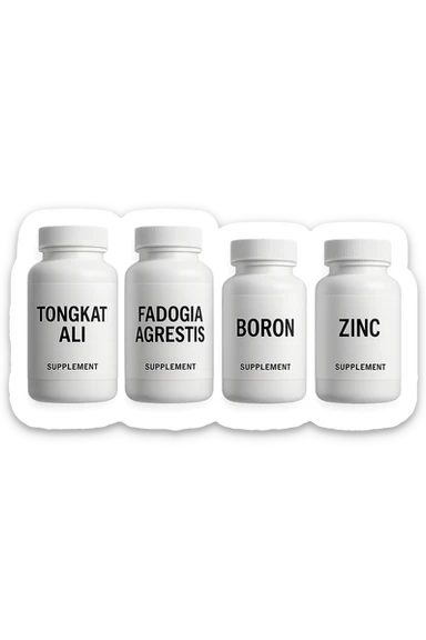 4 boccette di integratore: Tongkat Ali, Fadogia Agrestis, Boron e Zinco fluttuano in aria verticalmente sticker