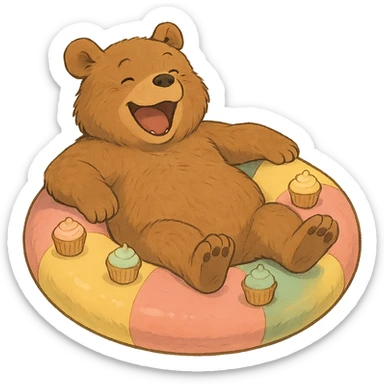 laughing bear floating in a party ring with mini cupcakes, soft, gentle, warm colors, detailed shading sticker