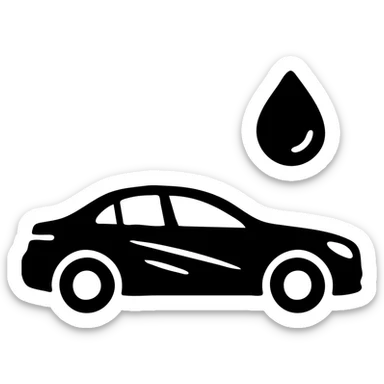 solid icon of a full luxury vehicle with glossy black mirror paint, strong shine and reflections, water droplet sliding on the surface, minimal repellent effect with lines, elegant and minimal sticker