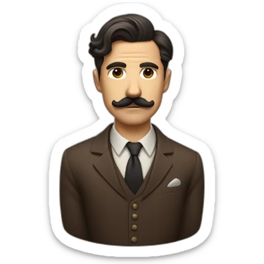 dissatisfied man with a Charlie Chaplin mustache and a moderately long oblique haircut in a brown suit sticker