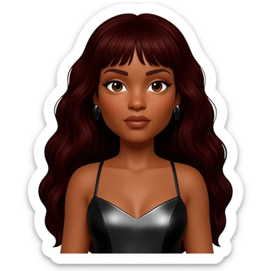 Solange with brown eyes, long dark auburn hair, black metallic dress, black earrings sticker