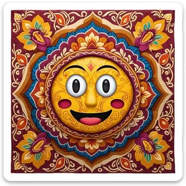 Cinematic Realistic Indonesian Batik Emoji, depicted as a richly patterned textile with intricate colorful designs, rendered with vivid textures and dynamic cultural lighting that captures its artistic heritage. sticker