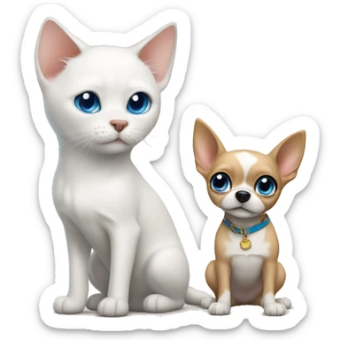 white cat blue eyes standing next to tan chihuahua  sticker