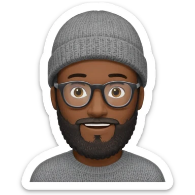 A dark-skinned man with a gray knit beanie, black glasses, a full beard, and a friendly smile. sticker