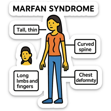 Create an educational graphic highlighting Marfan syndrome in an Asian woman. Show a tall, thin female figure with long limbs and fingers, curved spine, chest deformity, and subtle facial features. Include clear labels for each characteristic. The style should be clear, informative, and suitable for a general public audience. sticker