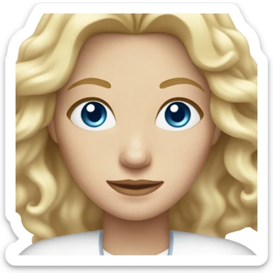 Blonde woman, blue eyes, wavy hair, middle part, white sticker