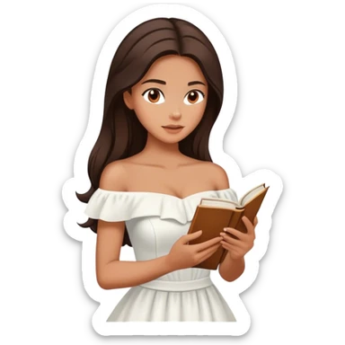 Beautiful woman in 1950’s woman fashion look, off-shoulder white dress, long dark brown hair, reading  sticker