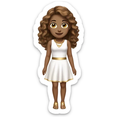 do a white but not too white girl with brown hair and highlights brown eyes and gold jewelry, full body, legs arms and a white short dress sticker