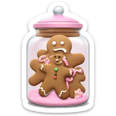 Realistic glass cookie jar with light pink lid full of gingerbread cookies isolated.  sticker