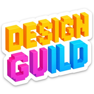 'DESIGN GUILD' in voxel letters, 3D blocky look, vibrant colors sticker