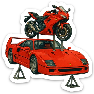 Add visible supports holding up the red motorcycle on the roof of the stylized Ferrari F40. The background should be transparent, isolating the subject clearly. sticker