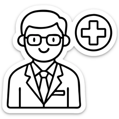 Add glasses to the friendly pharmacist with health symbols, no background. sticker