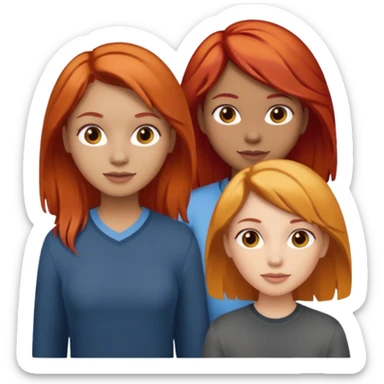 Can you create an image of 3 friends together one with red bright hair light skin one the other with brown hair with some blonde highlights in the hair fair skin the last one with light brown a tint of orange hair sticker