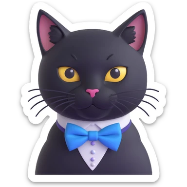 solid black cat no tuxedo with a blue bowtie collar, 3D style, realistic pose, detailed whiskers sticker