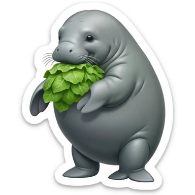 Cinematic realistic full body side view of a manatee holding a head of lettuce  sticker