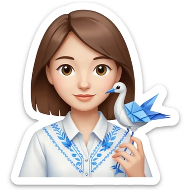 A happy Ukrainian young girl with brown hair in a white embroidered shirt holds an origami blue crane sticker