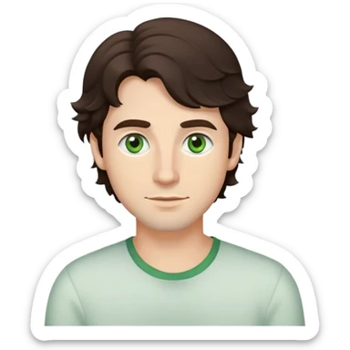 man with wavy dark brown hair, medium length, and light green eyes sticker