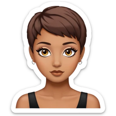 pixie cut, brown hair baddie,pretty, brown eyes, makeup, black eyeliner, long hair sticker