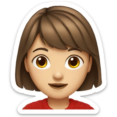 Girl with brown hair and bangs wearing a red cardigan. sticker