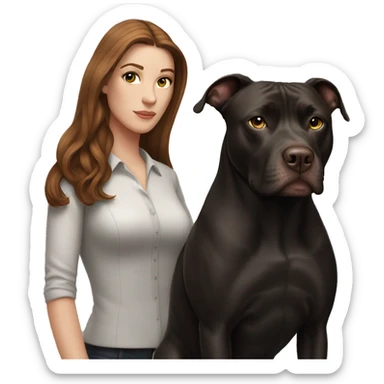 white woman with long brown hair and cat shaped eyes standing alongside a black pitbull  sticker