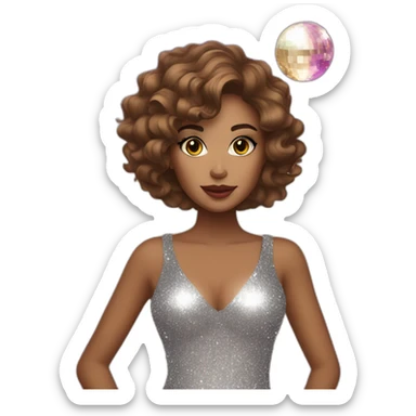 female with brown wavy hair dressed in a glitter dress and makeup, with disco ball sticker