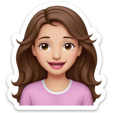 girl with wavy long brown hair, brown eyes, light to medium complexion, long lashes, light pink lipstick, wearing light pink shirt, smiling, crying, laughing, tears sticker