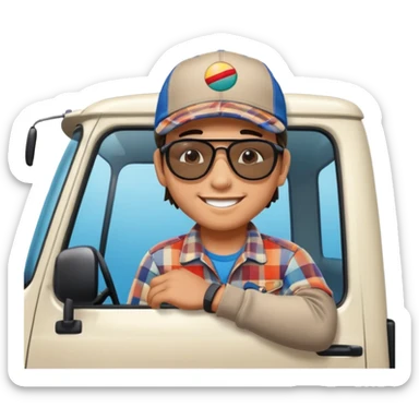 Cute emoji style illustration of a Peruvian truck driver, smiling young “chofercito carretero”, wearing baseball cap, sunglasses, plaid shirt, leaning out of a Hino 500 truck window, vibrant colors, bold outlines, glossy 3D emoji style, sticker design, transparent background sticker