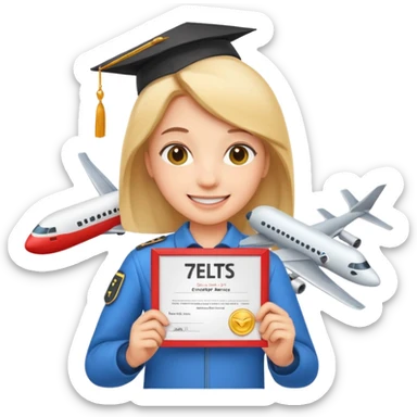 emoji student happy holding certificate IELTS 7.0, success, airplane, white background sticker