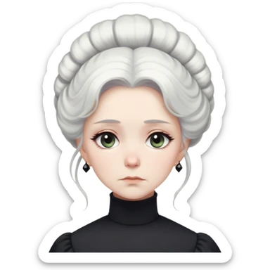 A Victorian woman with elegant coiffed white hair and light eyes wearing a modest unadorned monochrome black turtleneck mourning dress with puff sleeves looking down with a forlorn expression sticker