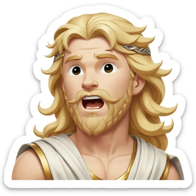 Cinematic Realistic Thor Portrait, head tilted slightly with a dramatic, wide-open yawn, revealing a moment of unguarded human vulnerability amidst his divine stature. His fair, luminous skin and elegantly styled, wavy golden hair maintain their sculptural perfection even in repose. Dressed in a flowing white toga with understated golden accents, the portrait is bathed in soft natural light, capturing a rare glimpse of relaxed, timeless strength from a Greek god reborn. sticker