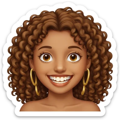 Brown haired curly hair girl smiling showing gold teeth sticker