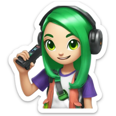 inkling from splatoon with earsphone and green hair and inkgun sticker