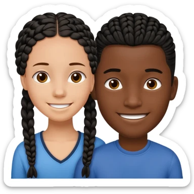 Dark black girl with black braids, smiling, and tan white boy with straight brown hair sticker