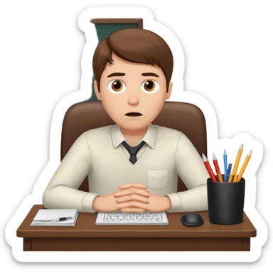 A white man with brown hairs, white skin,  sits at his desk in shock sticker