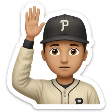 Baseball player, hand to head salute, hat with P, black under eye sticker