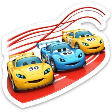 Two emoji-style cars racing toward a finish line labeled “$20K”, one labeled “$500/mo” and the other “$1000/mo”, energetic motion and speed lines sticker